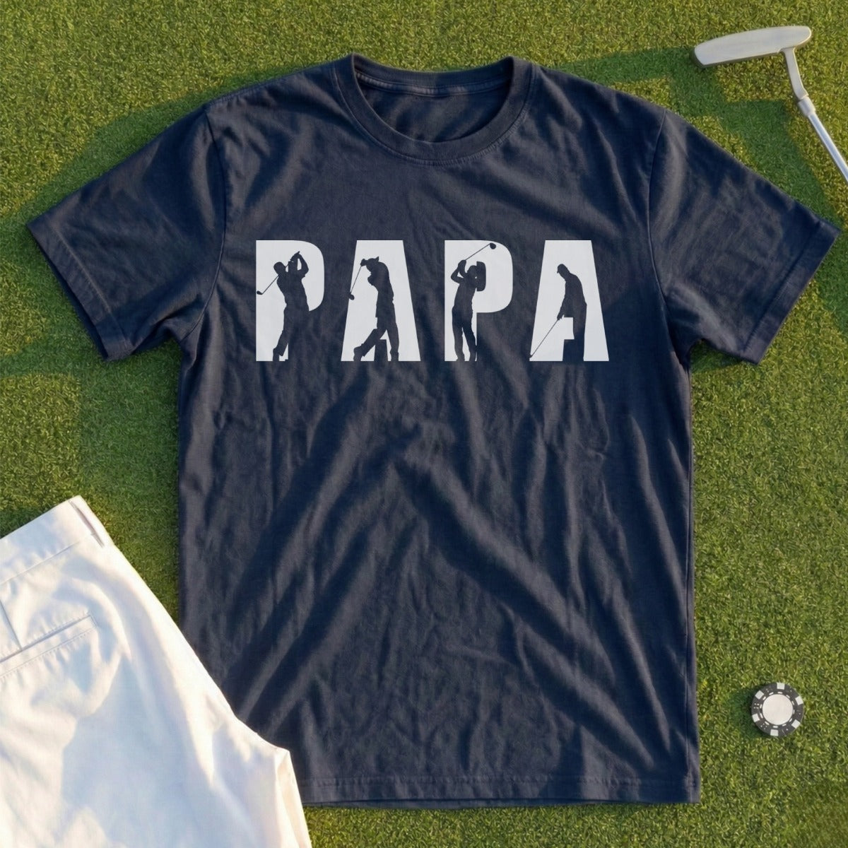 Navy t-shirt with "PAPA" in white silhouettes of golfers.