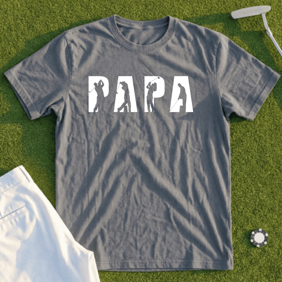Gray t-shirt with "PAPA" in white text, each letter formed by a golfer silhouette.