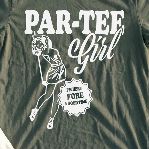 Par-Tee Girl Tee, print close-up on Military Green