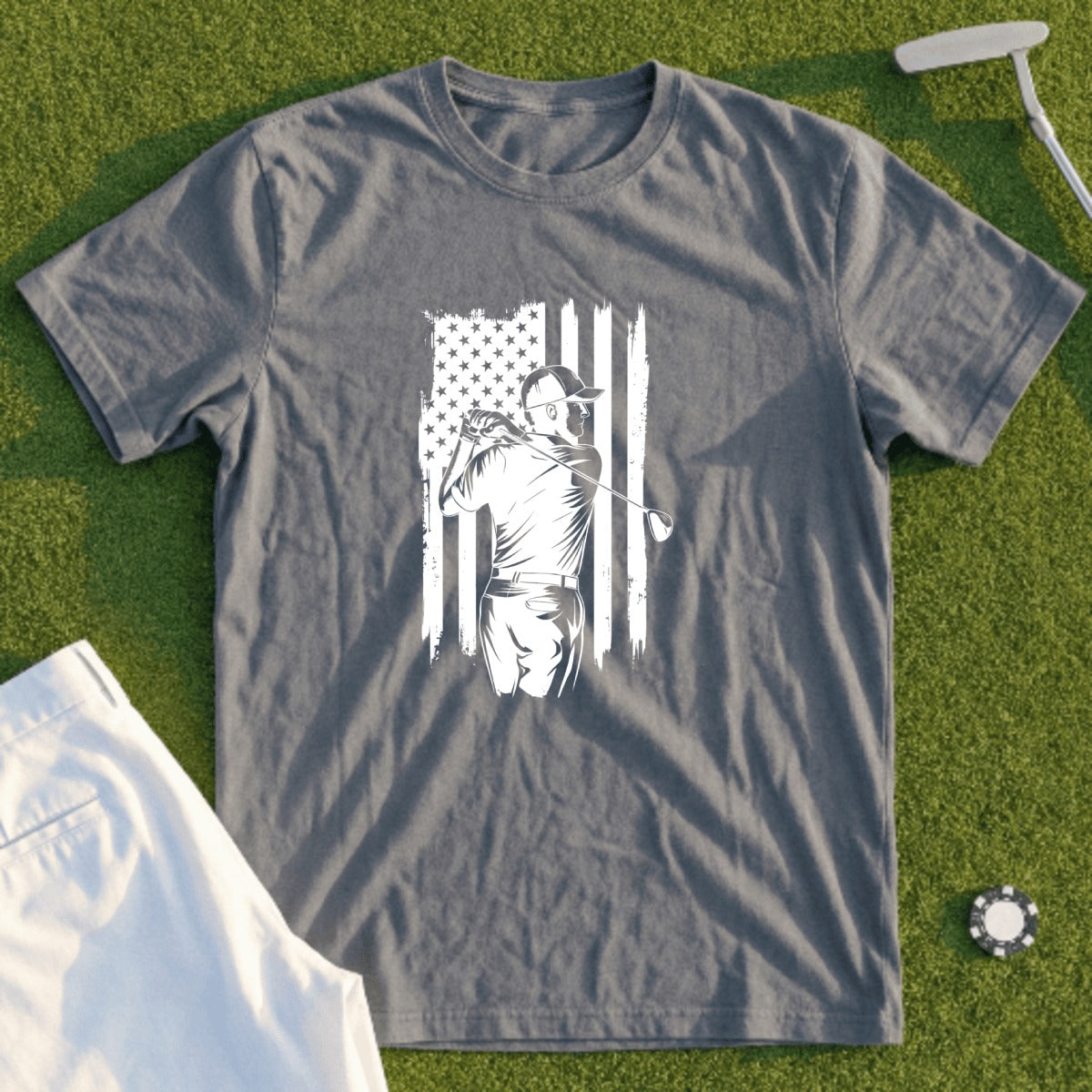 Gray t-shirt with golfer swinging in front of distressed American flag.
