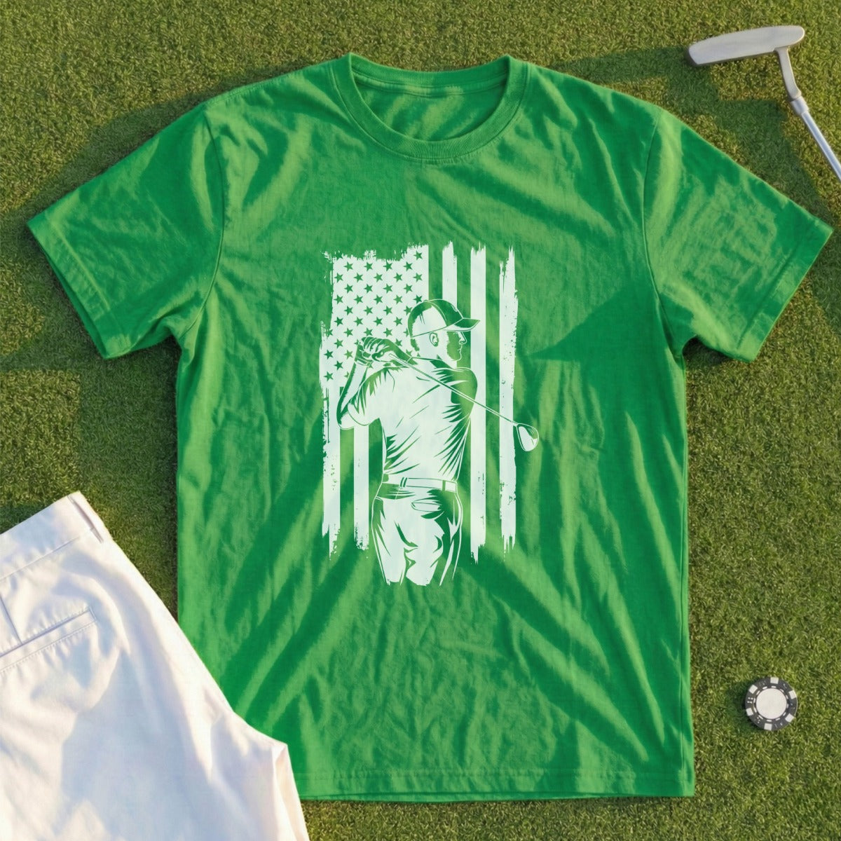 Green t-shirt with a white golfer silhouette against an American flag design.