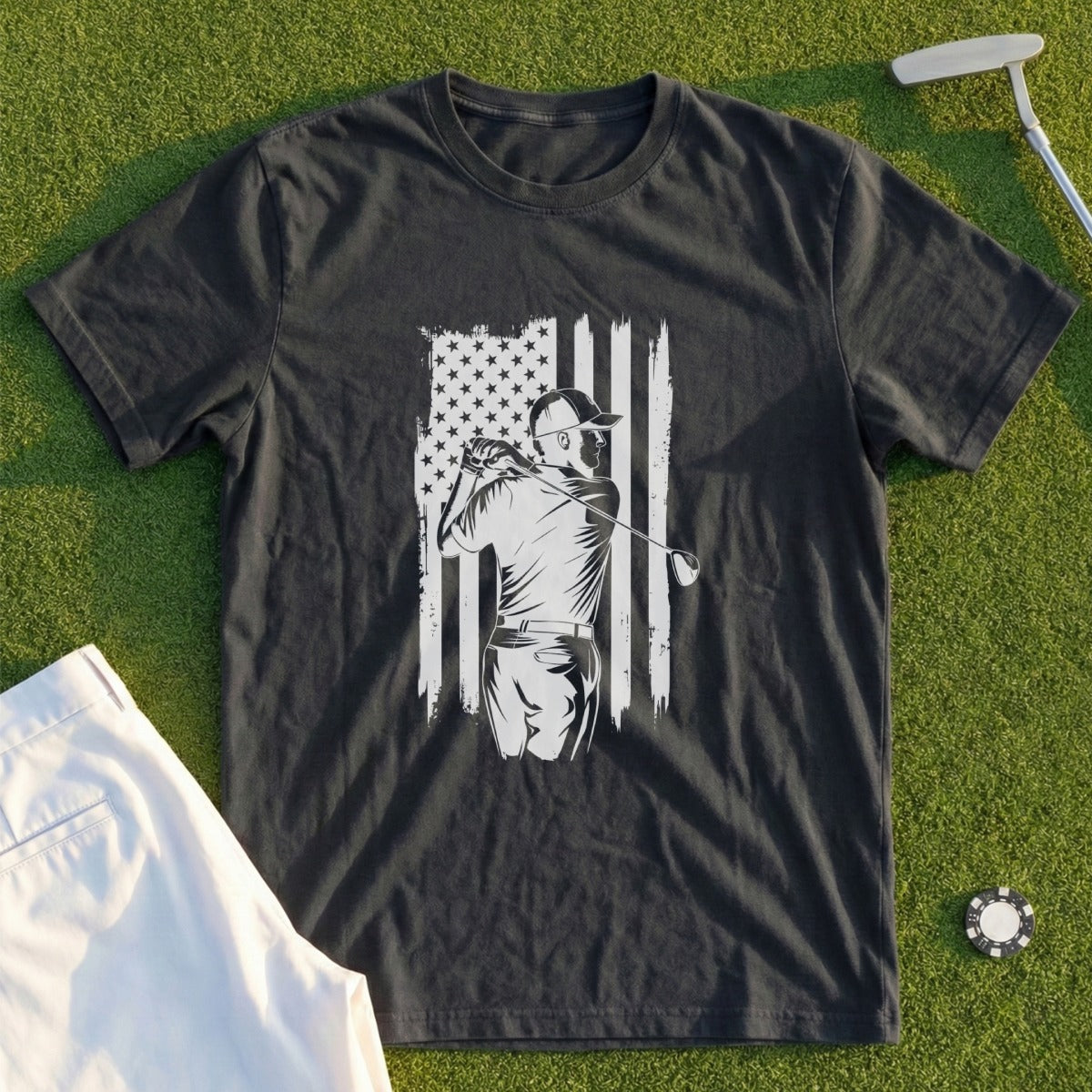 Dark t-shirt with graphic of golfer swinging against distressed US flag.