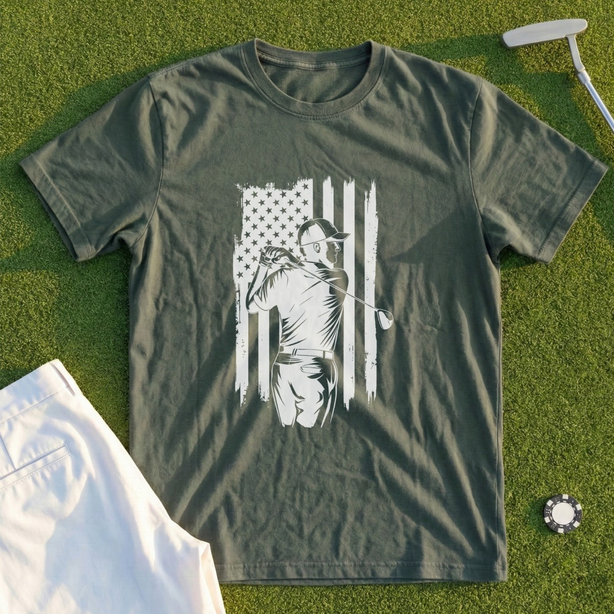 Green t-shirt with distressed US flag graphic and golfer.