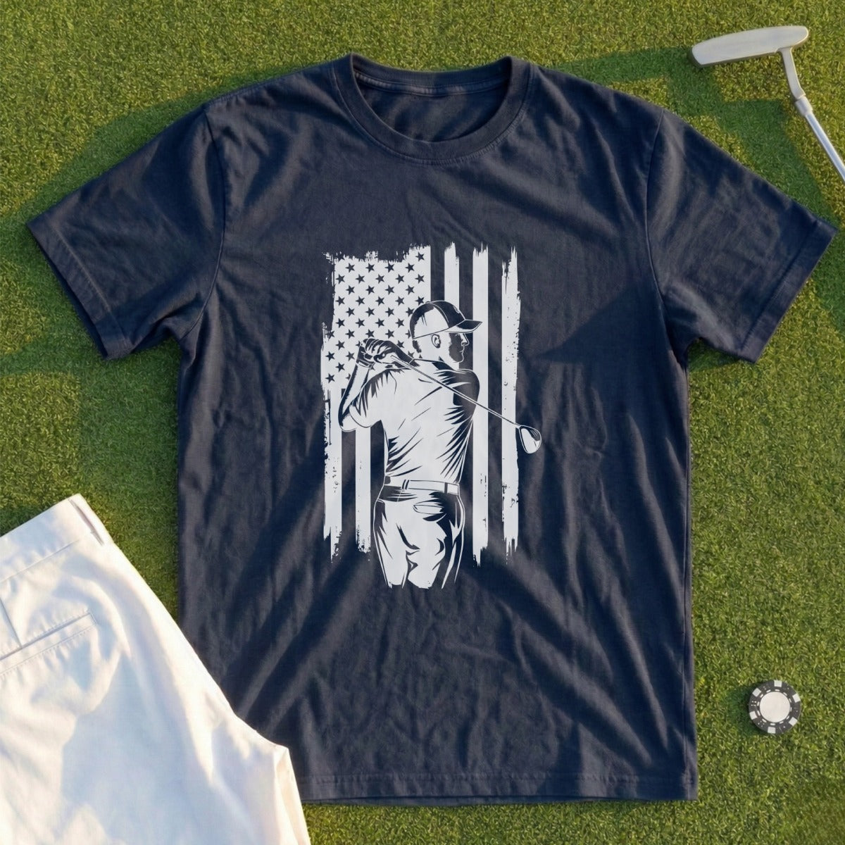 T-shirt with golfer and American flag graphic.