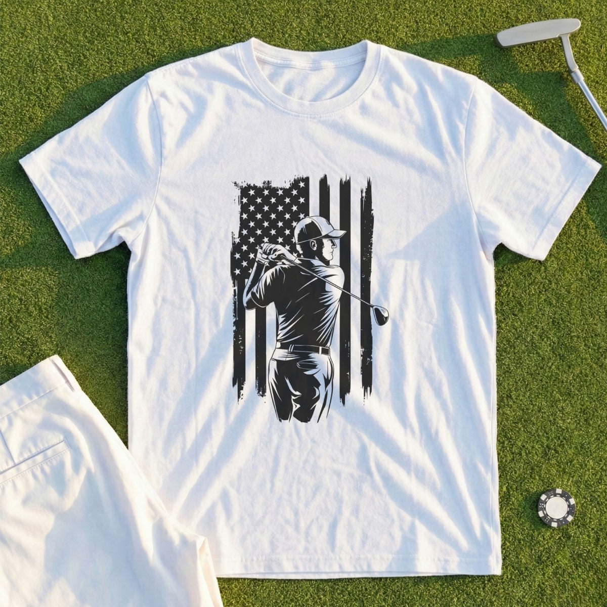 White t-shirt with graphic of golfer against American flag.