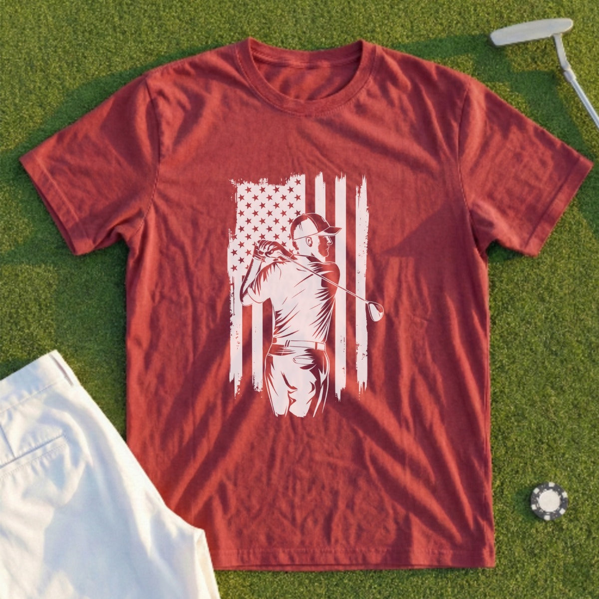 Burgundy t-shirt with golfer and American flag design.