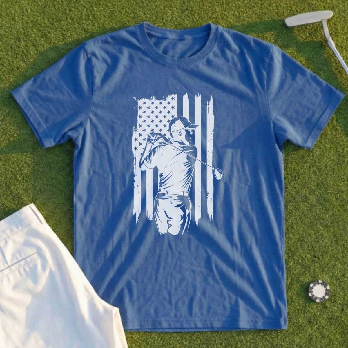 Blue t-shirt with golfer swinging against American flag graphic.