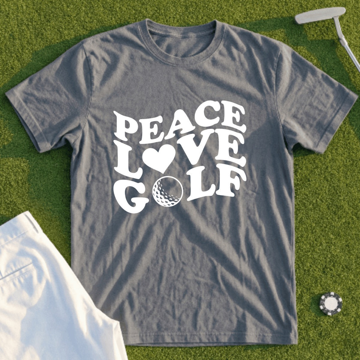 Gray t-shirt with "Peace Love Golf" text and golf ball graphic.