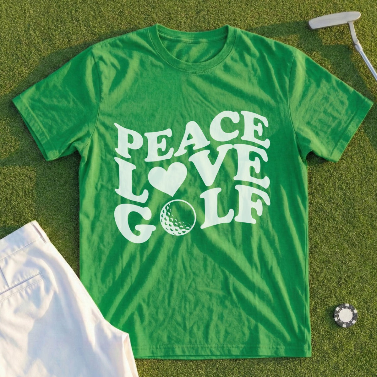 Green t-shirt with "Peace Love Golf" text and golf ball graphic.