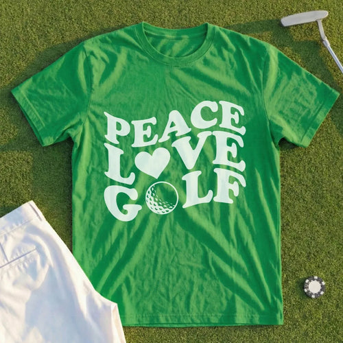Green t-shirt with "Peace Love Golf" text and golf ball graphic.