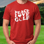 Peace Love And Golf Tee worn on the golf course, Red