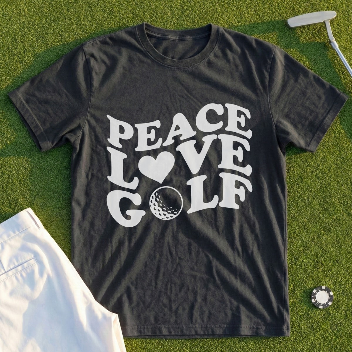 Dark t-shirt with "PEACE LOVE GOLF" text and a golf ball.