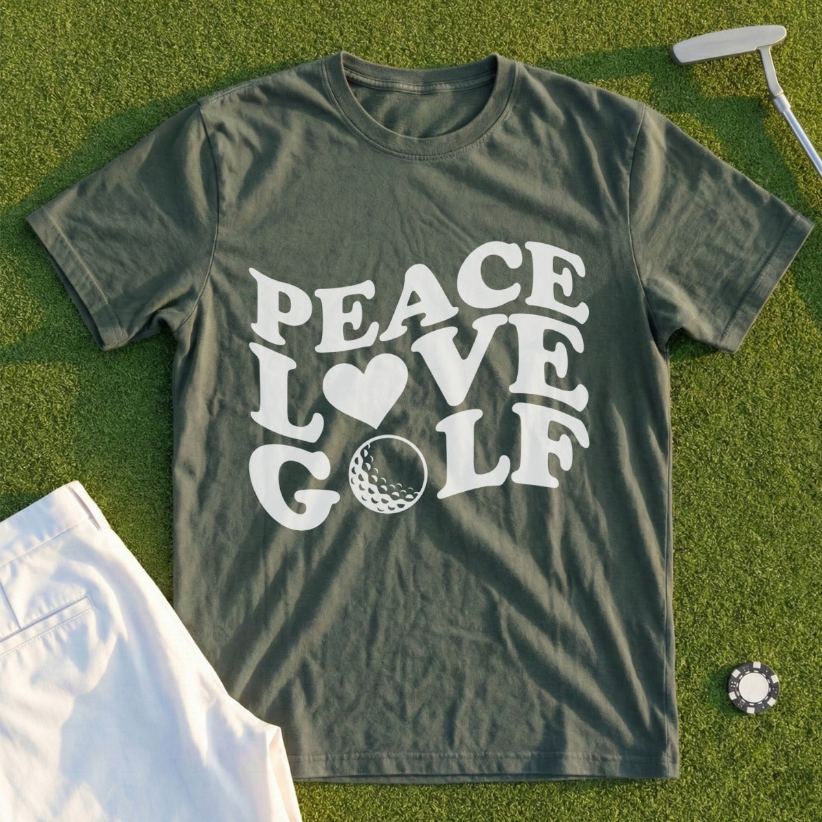 Olive green t-shirt with "Peace Love Golf" text and golf ball graphic.