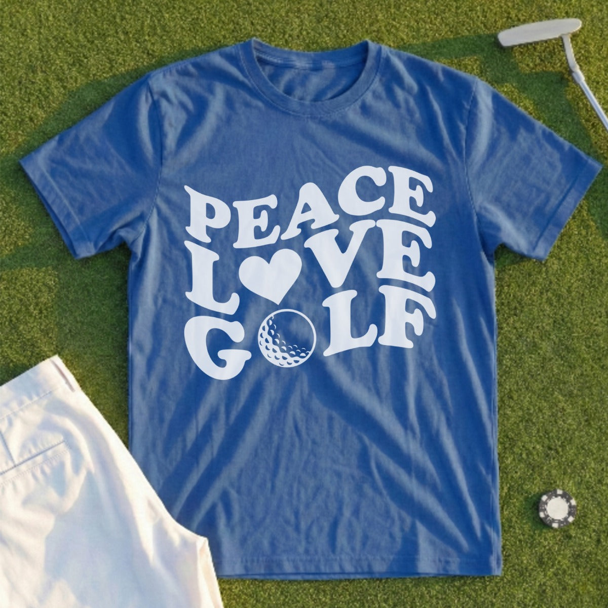Blue t-shirt with "PEACE LOVE GOLF" text and golf ball graphic.