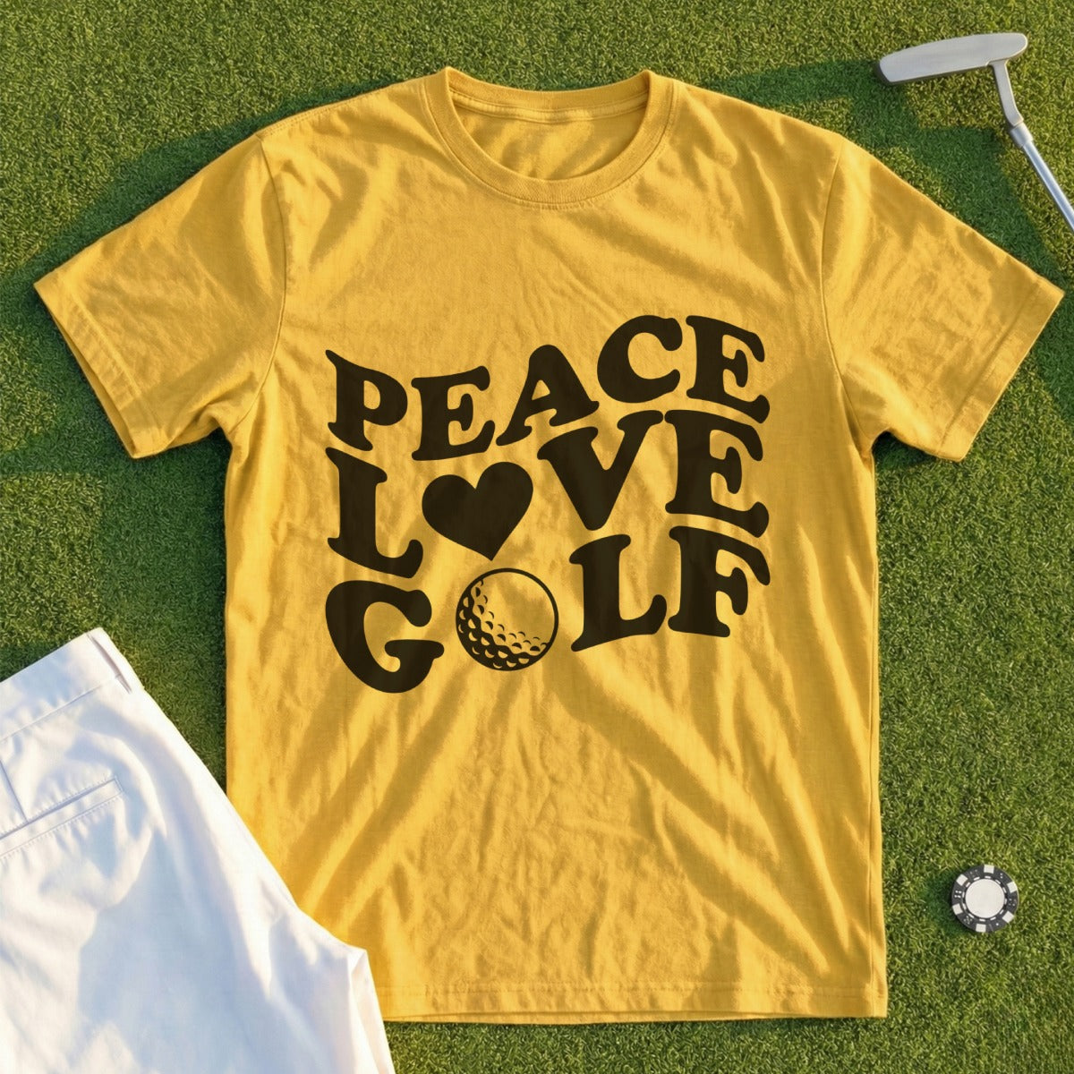 Yellow t-shirt with "Peace Love Golf" text and golf ball graphic.