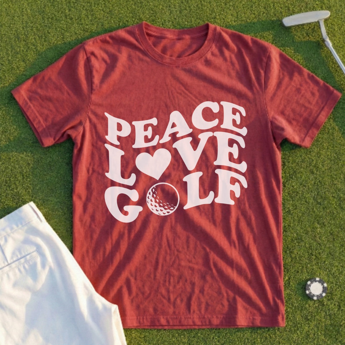 Maroon t-shirt with "Peace Love Golf" text and golf ball graphic.