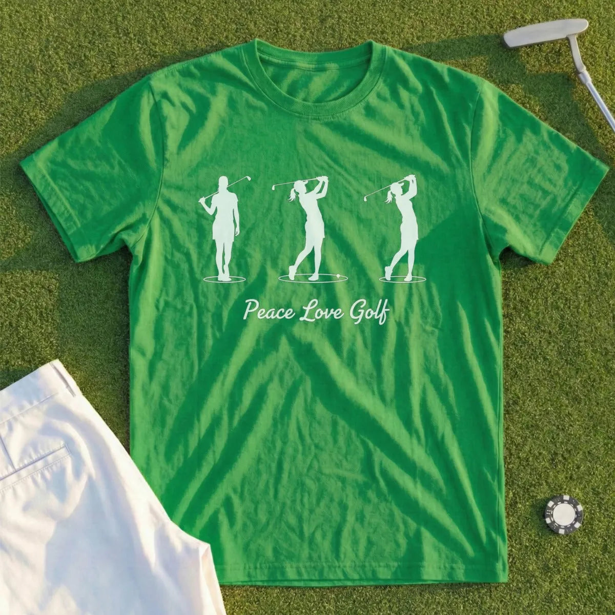 Green t-shirt with white golf silhouette graphics and "Peace Love Golf" text.