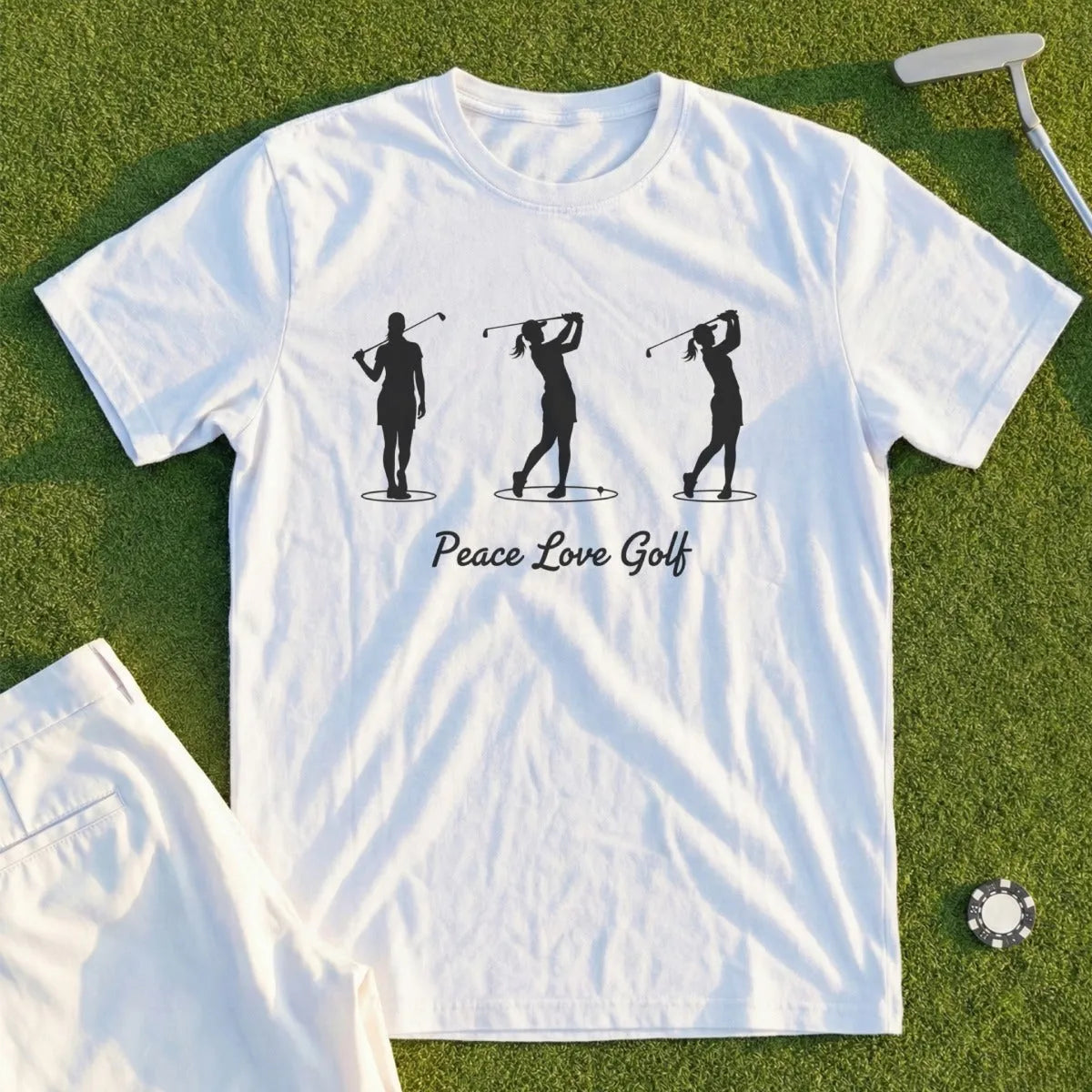 White t-shirt with three golfer silhouettes and "Peace Love Golf" text.
