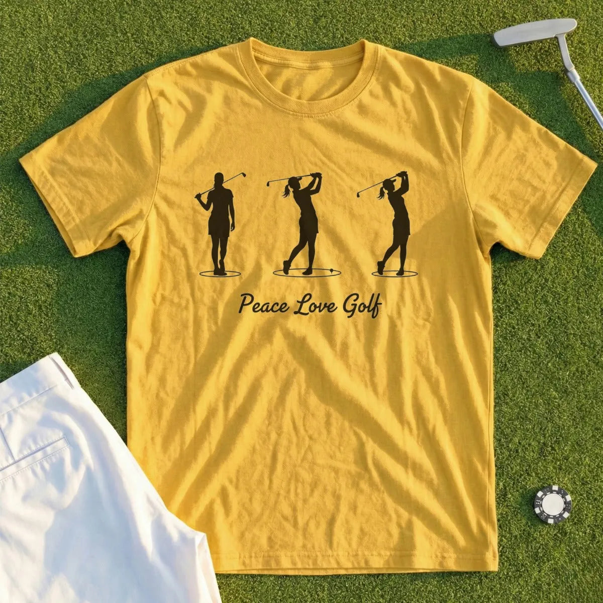 Yellow t-shirt with golf silhouette graphic and "Peace Love Golf" text.