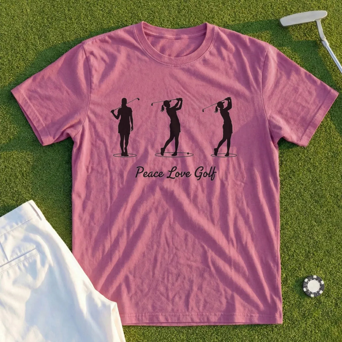 Pink t-shirt with black golf silhouettes and "Peace Love Golf" text.