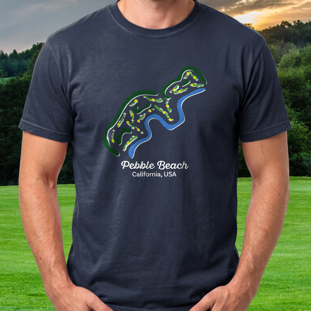 Pebble Beach Course Map Tee worn on the golf course, Navy