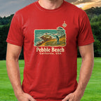 Pebble Beach Travel Poster Tee worn on the golf course, Red