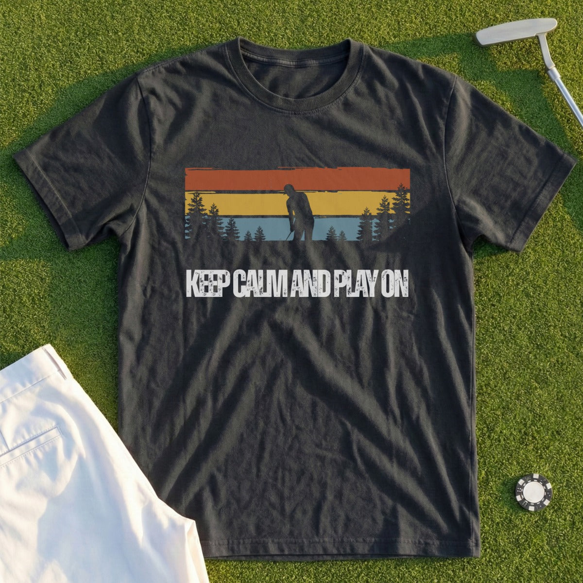 Black t-shirt with "KEEP CALM AND PLAY ON" and a sunset golf scene.