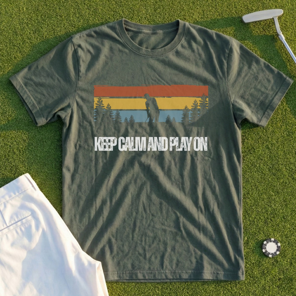 Green t-shirt with golfer silhouette and "KEEP CALM AND PLAY ON" text.