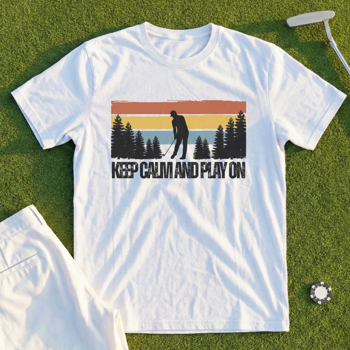 White t-shirt with golfer silhouette and "KEEP CALM AND PLAY ON" text.