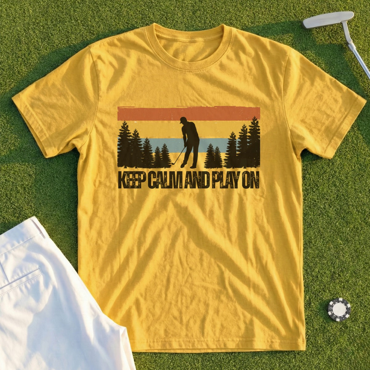 Yellow t-shirt with "Keep Calm and Play On" text and golfer silhouette design.