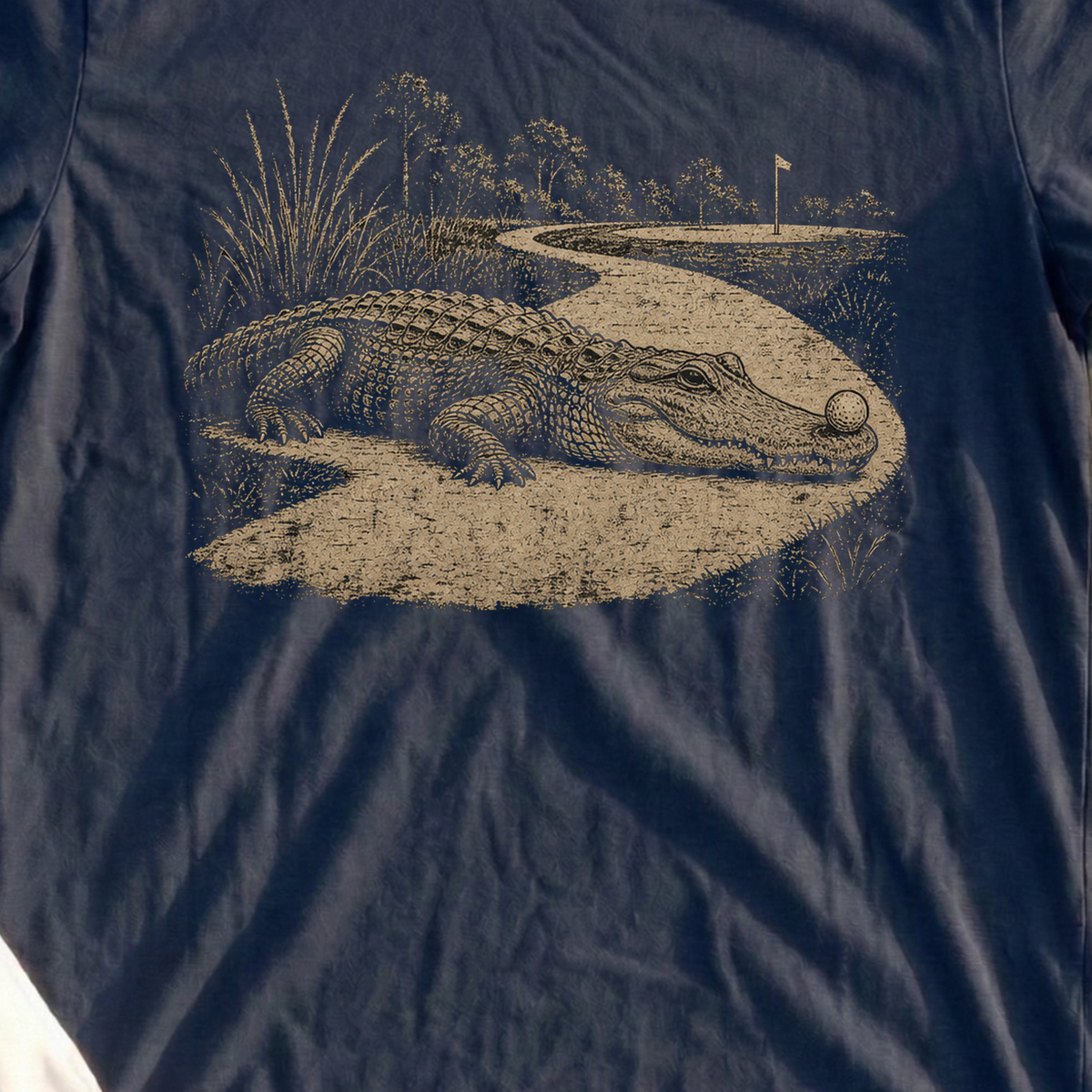 Playin It Where It Lies Tee, print close-up on Navy