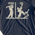 Practice Swing vs. Real Swing Tee, print close-up on Navy