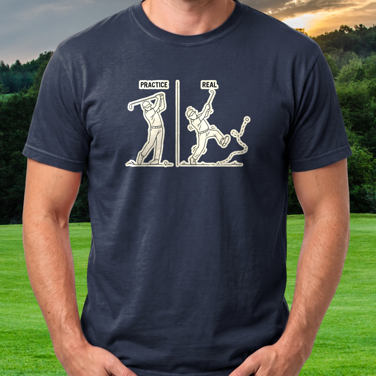 Practice Swing vs. Real Swing Tee worn on the golf course, Navy