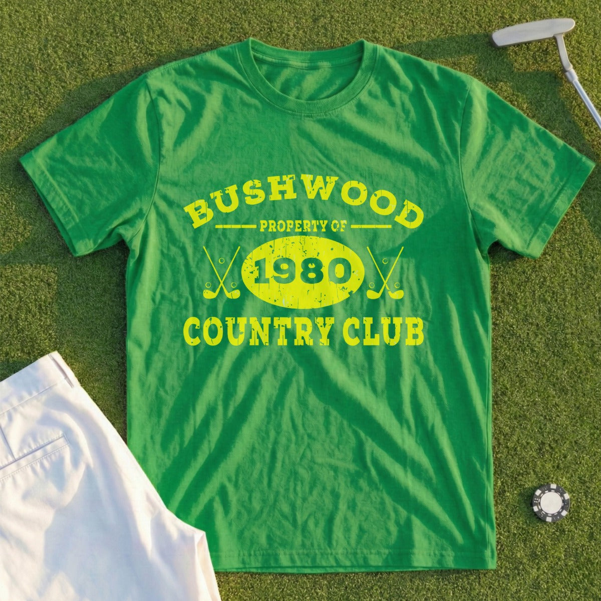 Green Bushwood Country Club 1980 t-shirt with crossed golf clubs.