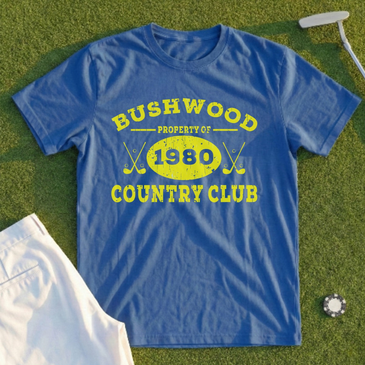Blue t-shirt with "Bushwood Country Club 1980 Property Of" in yellow text.