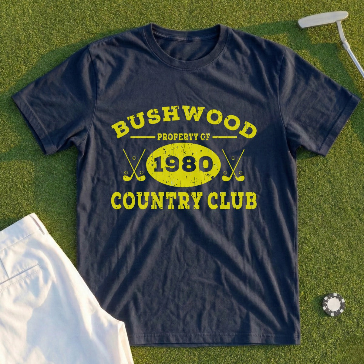 Navy t-shirt with "Bushwood Country Club Property of 1980" in yellow text.