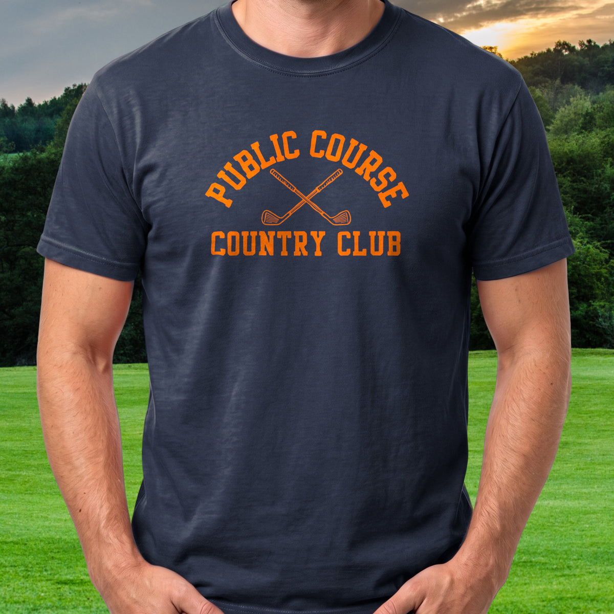 Public Course Country Club Tee worn on the golf course, Navy
