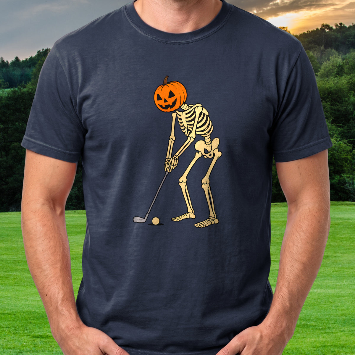 Pumpkin Head Putter Tee worn on the golf course, Navy