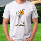 Pumpkin Head Swing Tee worn on the golf course, White