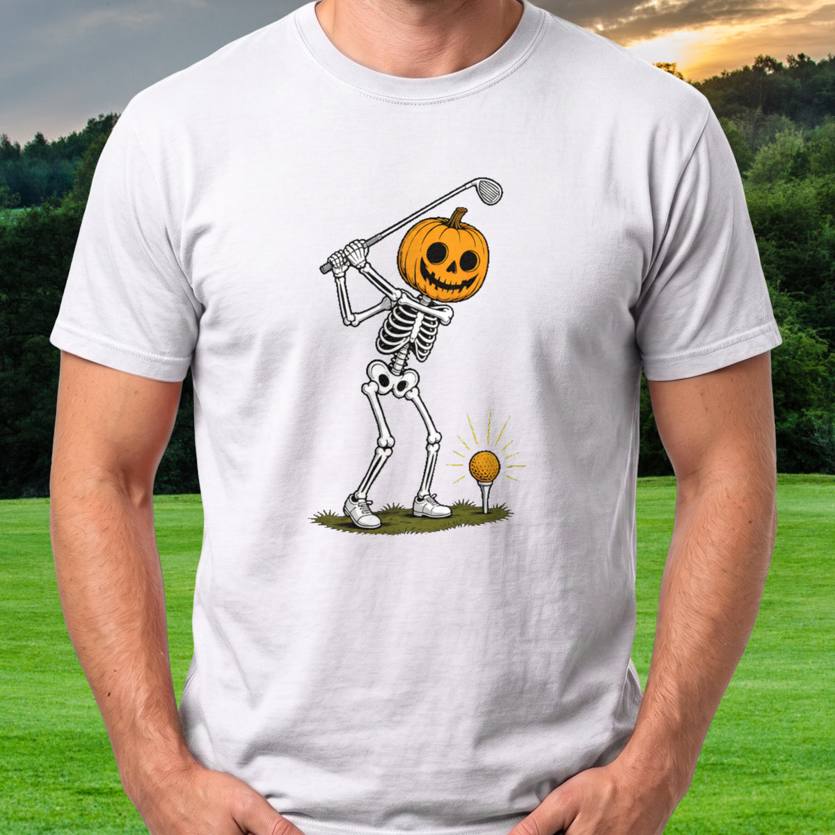 Pumpkin Head Swing Tee worn on the golf course, White