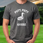 Putt Putt Goose Tee worn on the golf course, Dark Heather