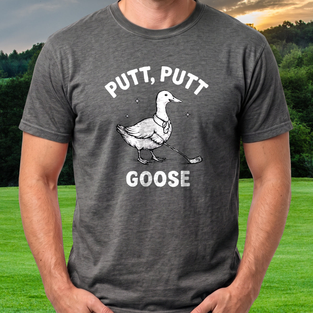 Putt Putt Goose Tee worn on the golf course, Dark Heather