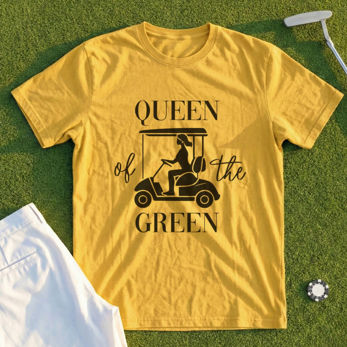 Yellow t-shirt with "Queen of the Green" graphic, golf cart, and golfer.