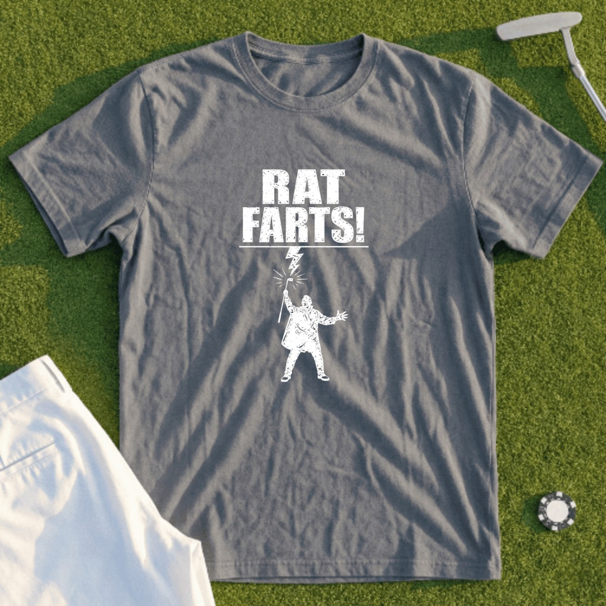 Gray t-shirt with "RAT FARTS!" text and a cartoon figure holding a lightning bolt.