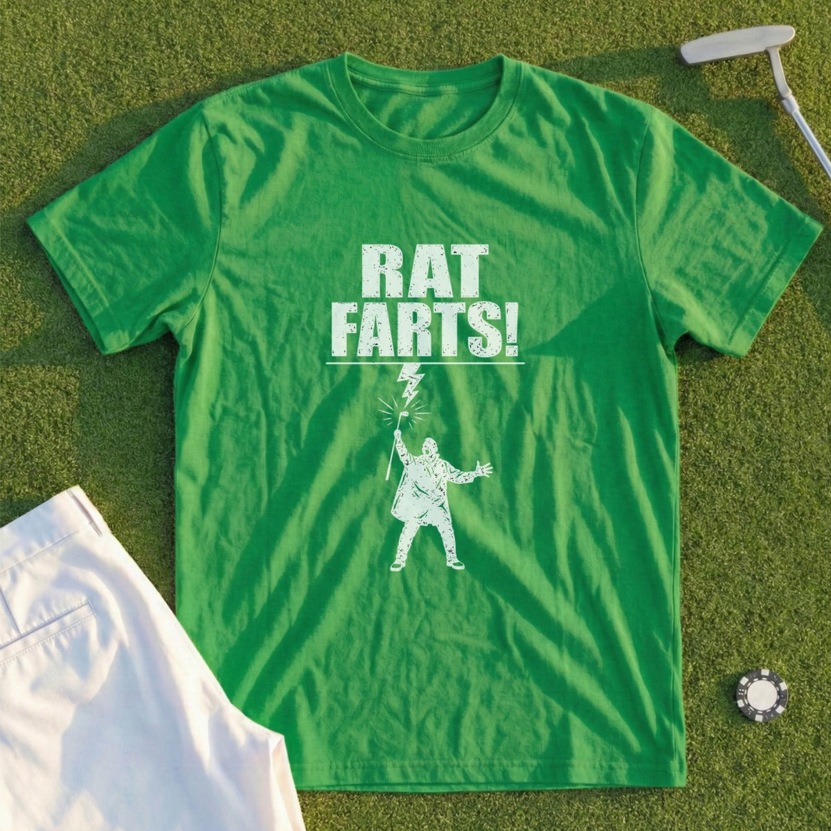 Green t-shirt with "Rat Farts!" text and graphic of a person.