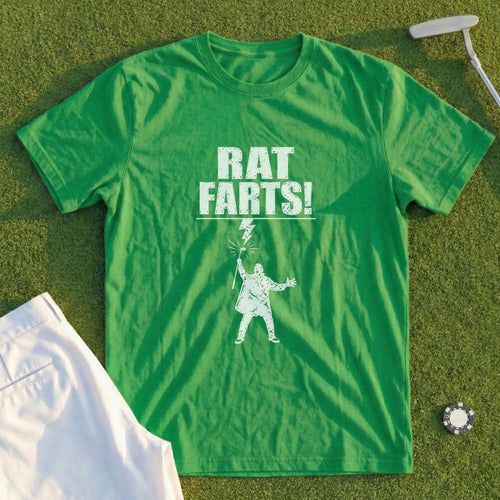 Green t-shirt with "Rat Farts!" text and graphic of a person.