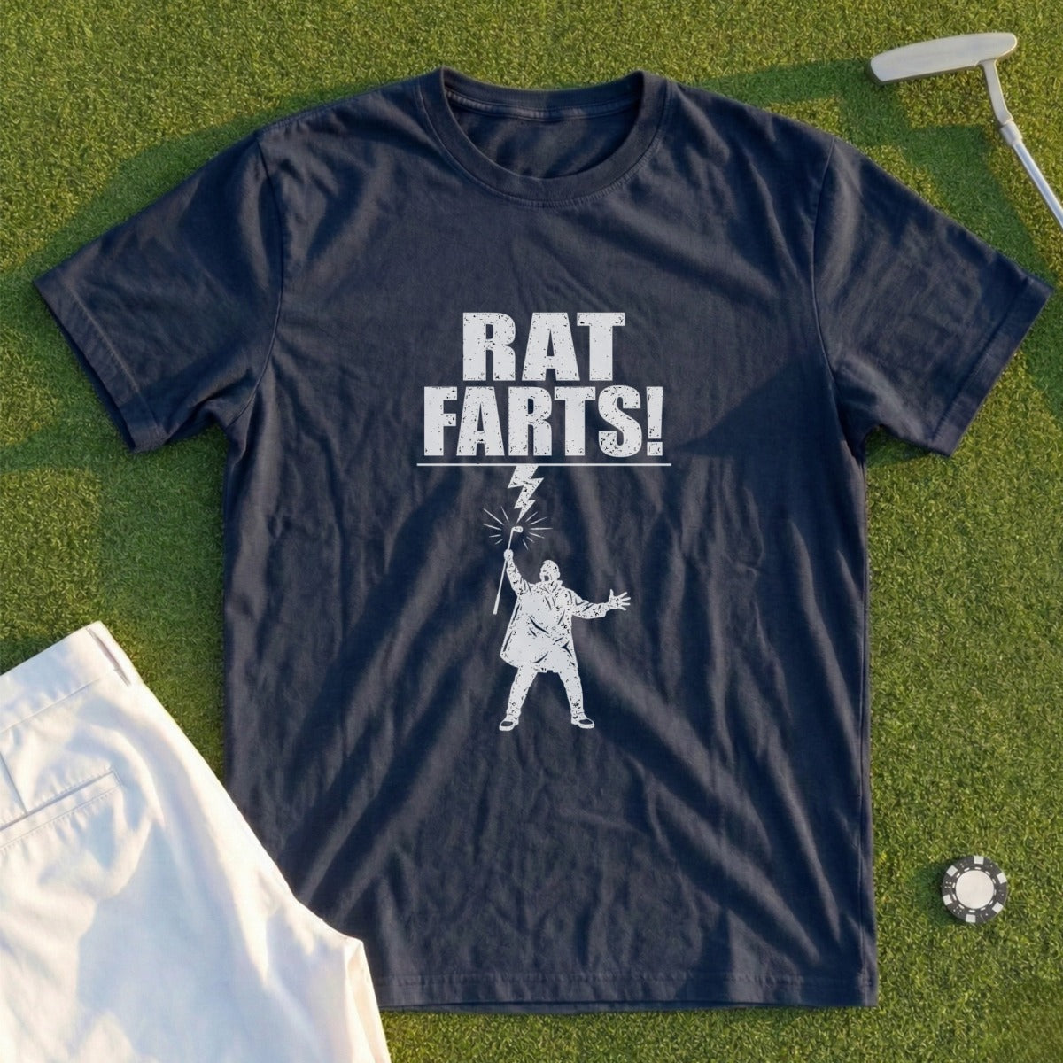 Navy t-shirt with "Rat Farts!" text and a cartoon man holding a lightning bolt.