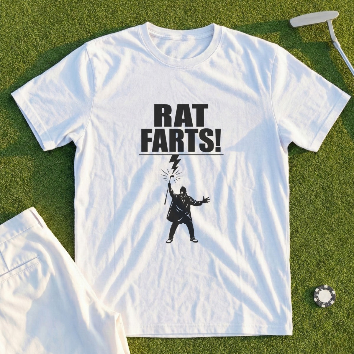 White t-shirt with "Rat Farts!" text and silhouette of person with lightning bolt.