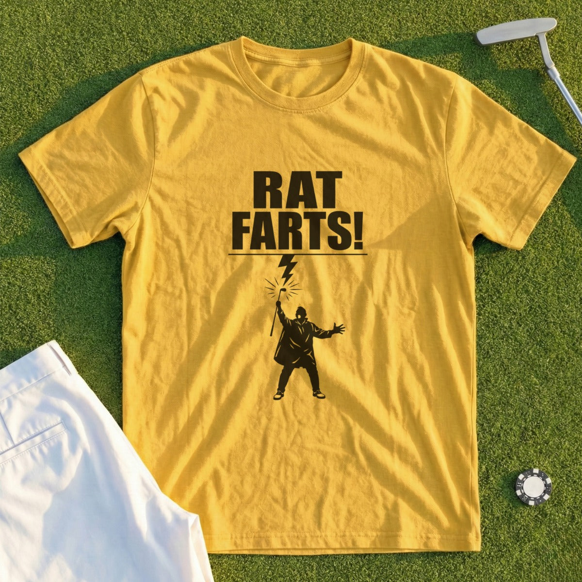 Yellow t-shirt with "RAT FARTS!" and silhouette of person holding lightning rod.