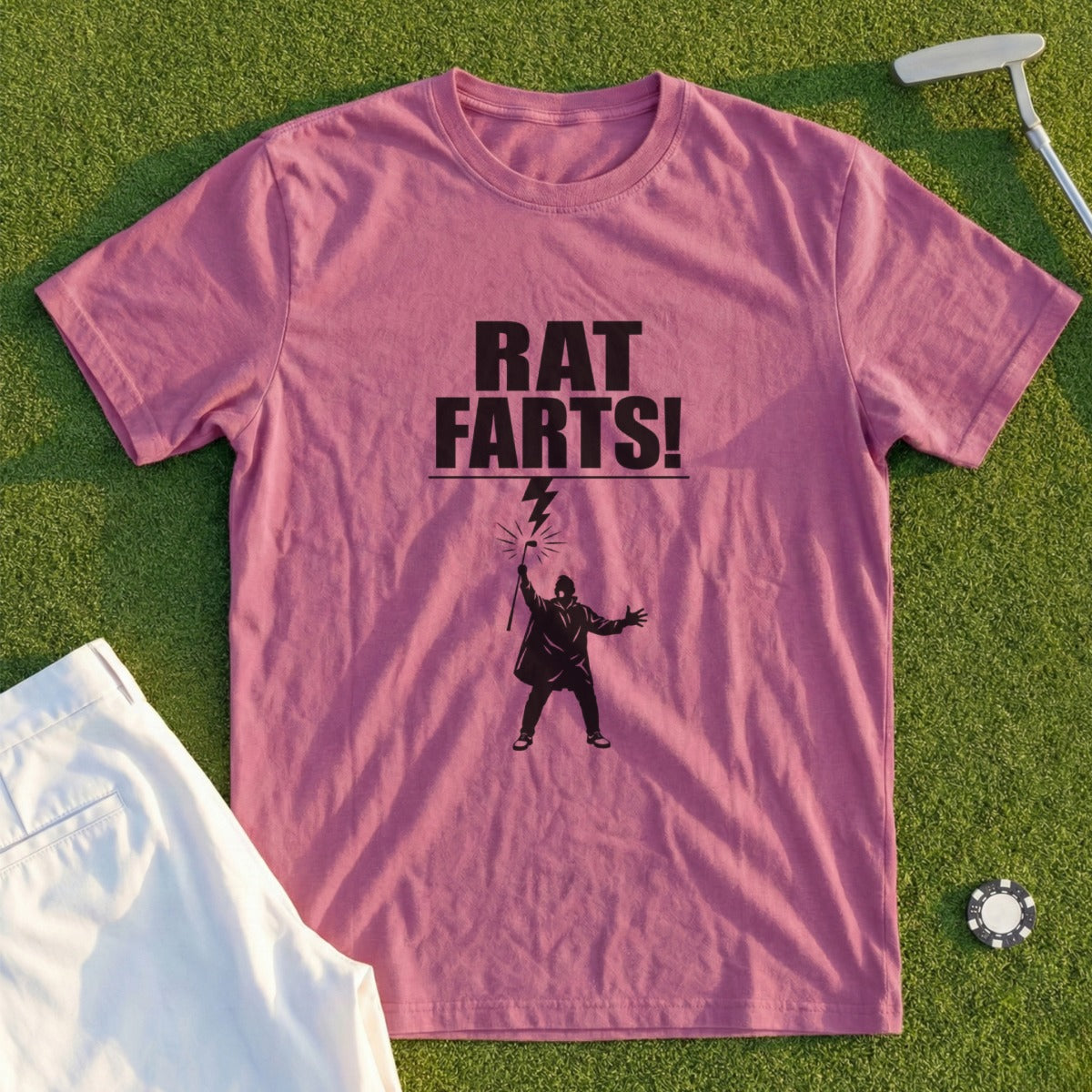 T-shirt with "Rat Farts!" text and a silhouette holding a lightning rod.